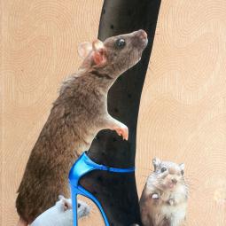 Leg2 (blue/black), collage on patterned book page, 28 x 21 cm, 2023
