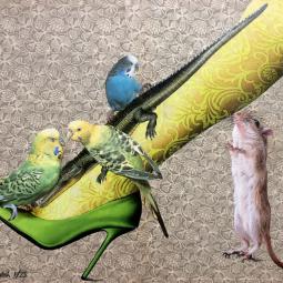 Leg3 (green/yellow), collage on patterned book page, 22 x 27 cm, 2023